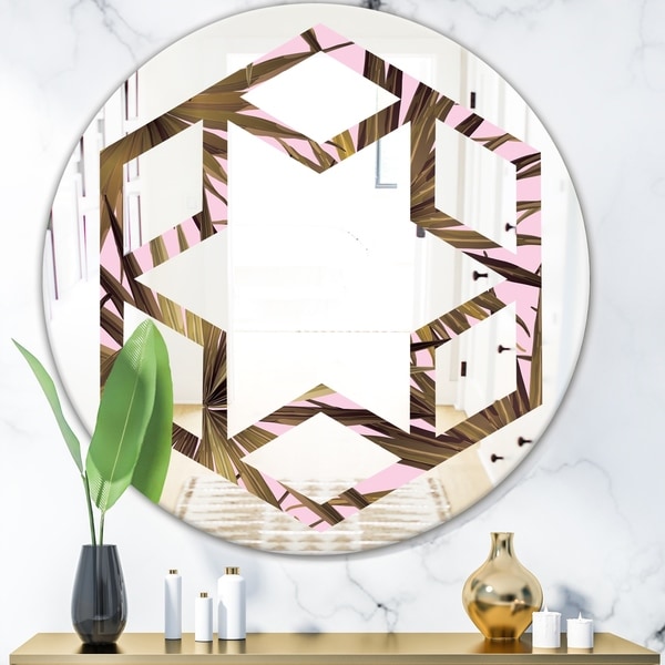 Designart 'Tropical Leaves On Pink' Modern Round or Oval Wall Mirror - Hexagon Star