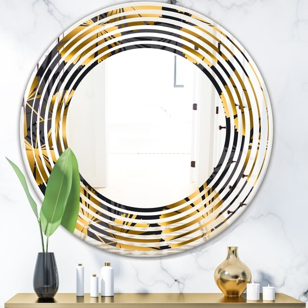 Designart 'Golden Palm Leaves III' Modern Round or Oval Wall Mirror - Wave