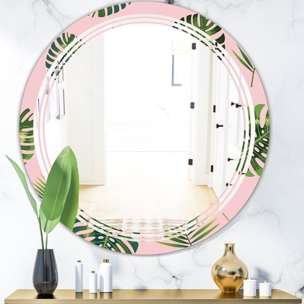 Designart 'Palm Tropical leaves pattern.' Modern Round or Oval Wall Mirror - Triple C