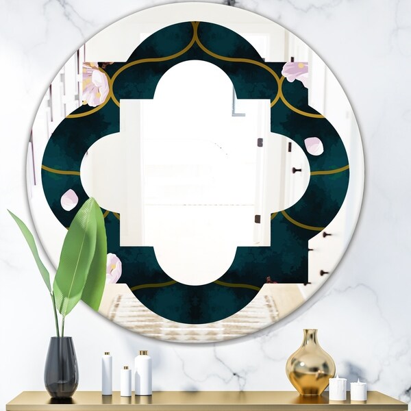 Designart 'Retro Pink Flower Pattern II' Cottage Round or Oval Wall Mirror - Quatrefoil