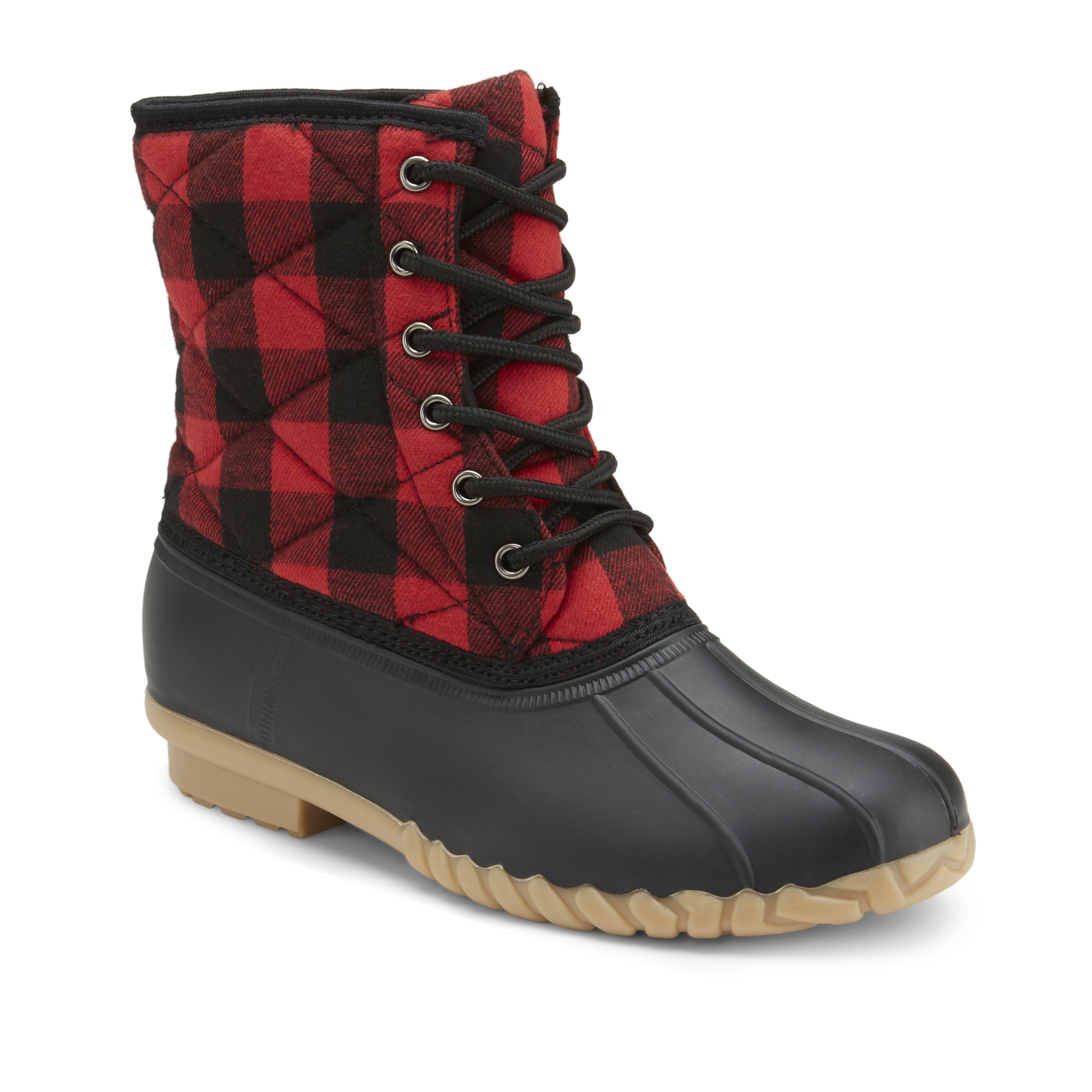 red and black plaid duck boots