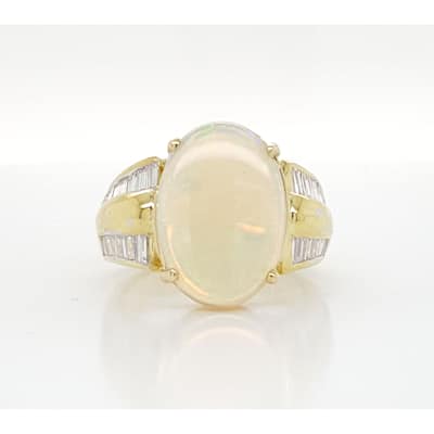 Kabella Yellow Gold Opal Two Row Diamond Ring Size - 6.5