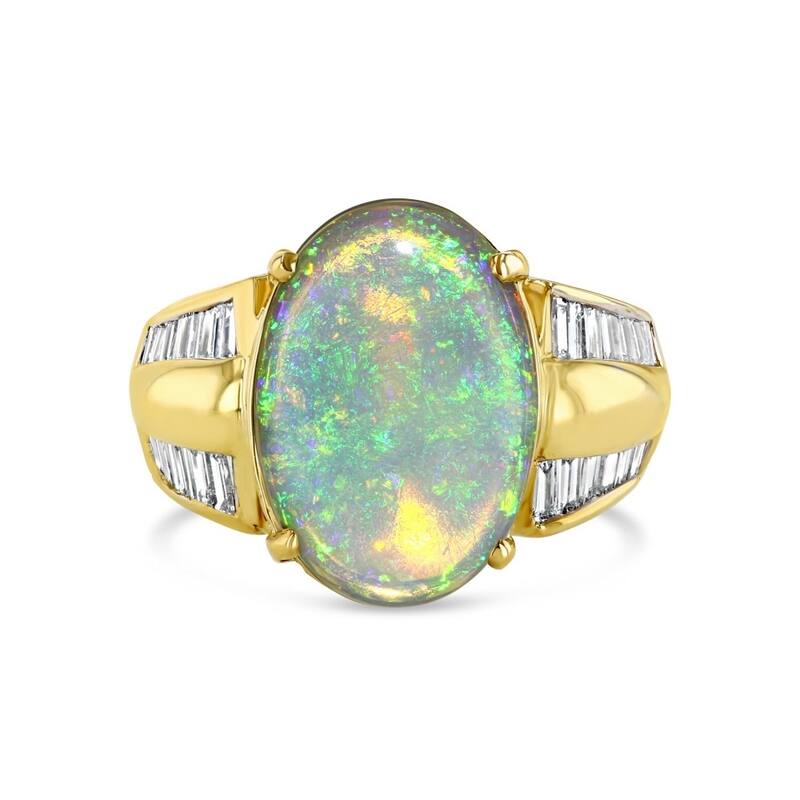 Kabella Yellow Gold Opal Two Row Diamond Ring Size - 6.5