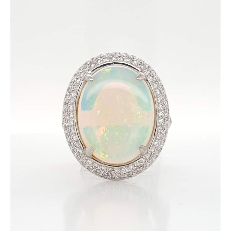 Kabella White Gold Opal Pave Diamond Around Ring Size - 6.5