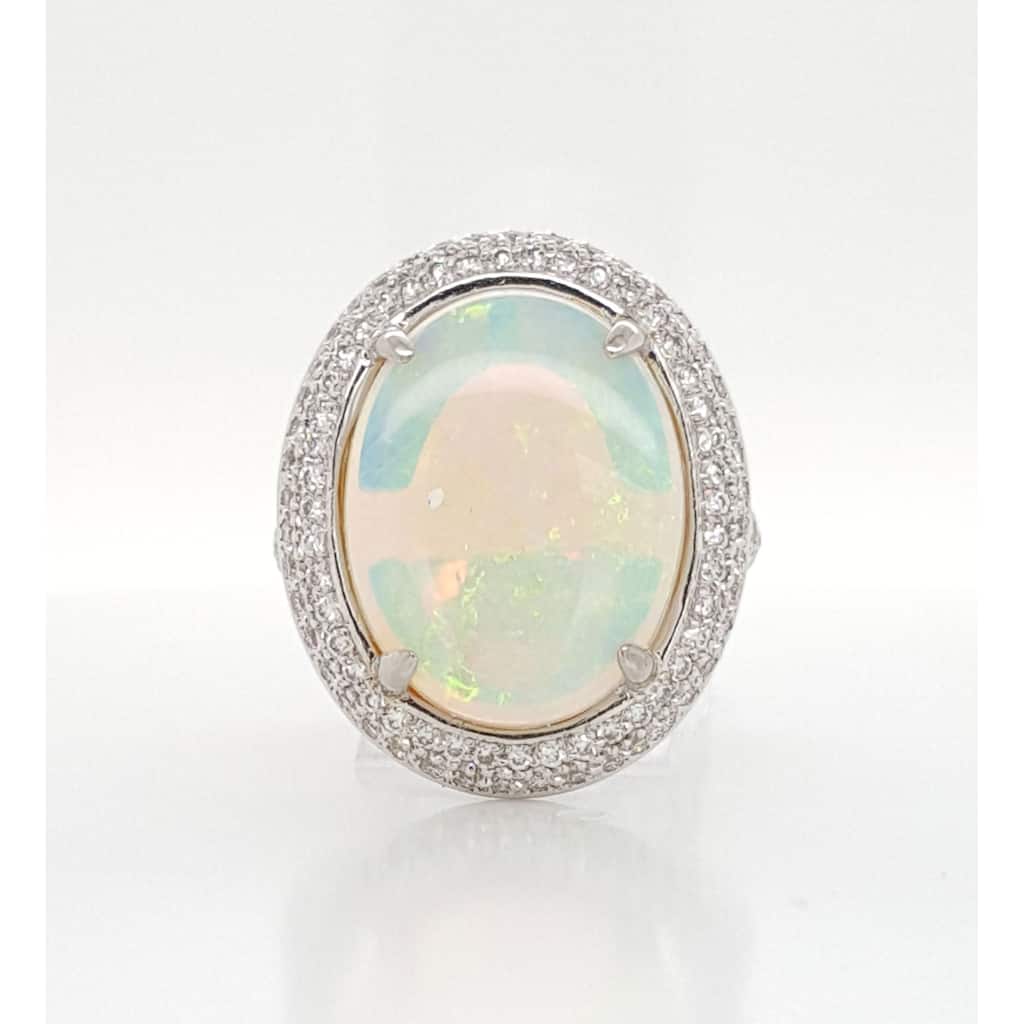 Kabella White Gold Opal Pave Diamond Around Ring Size - 6.5