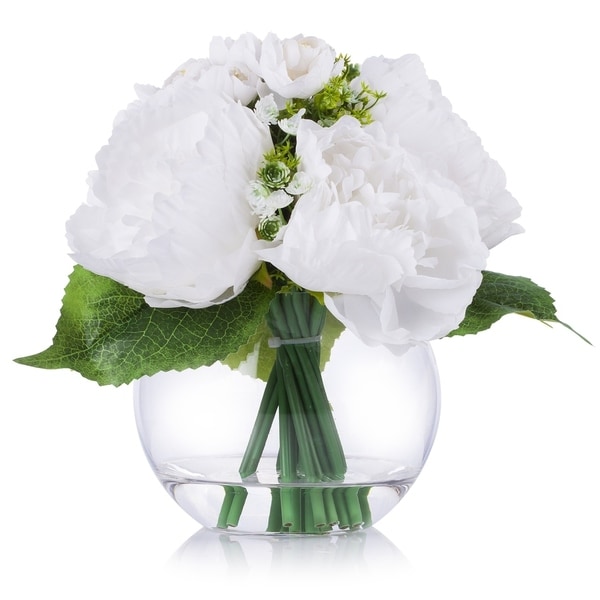 Enova Home White Artificial Mixed Peony Flower Arrangement in Clear Glass Vase With Faux Water For Home Decoration - N/A