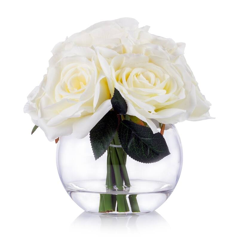 Enova Home 10 Heads Artificial Silk Roses Fake Flowers Arrangement in Round Clear Glass Vase with Faux Water for Home Decoration - Cream