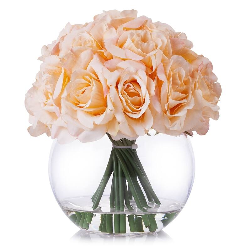 Enova Home Artificial 21 Heads Silk Roses Fake Flowers Arrangement in Round Clear Glass Vase with Faux Water for Home Decoration - Peach