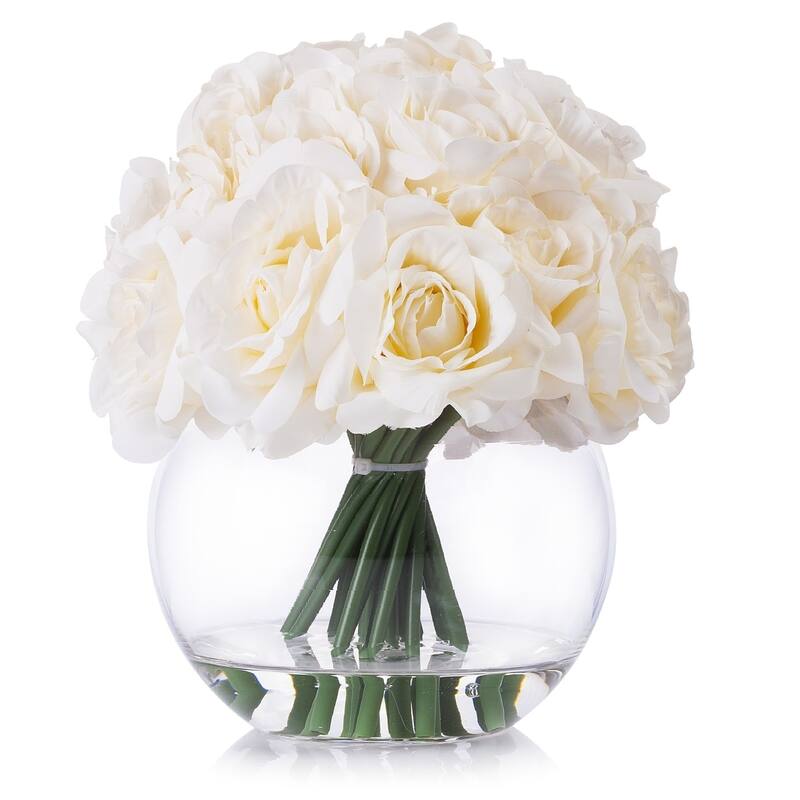 Enova Home Artificial 21 Heads Silk Roses Fake Flowers Arrangement in Round Clear Glass Vase with Faux Water for Home Decoration - Cream