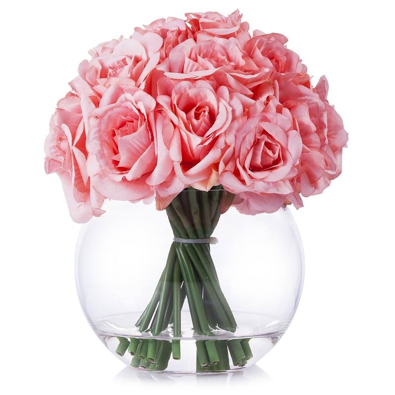 Enova Home Artificial 21 Heads Silk Roses Fake Flowers Arrangement in Round Clear Glass Vase with Faux Water for Home Decoration - Pink