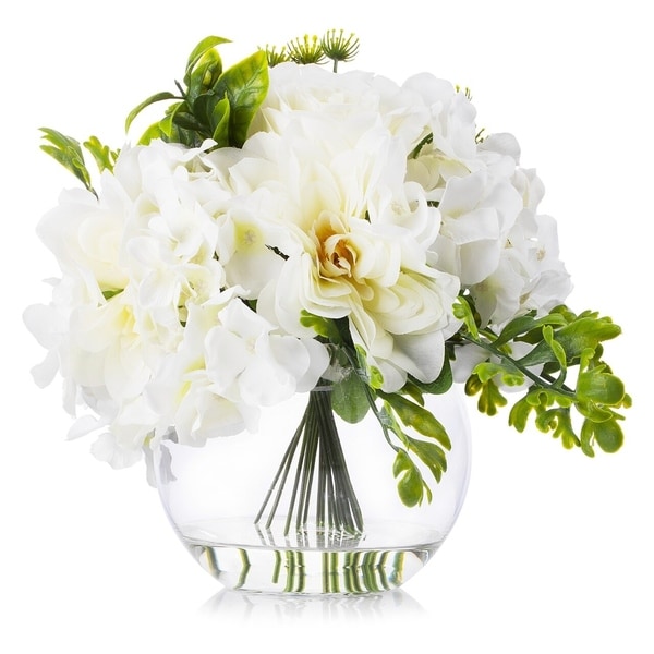 Enova Home Cream Hydrangea Rose and Peony Mixed Silk Flower in Round Clear Glass Vase Home Decoration - N/A