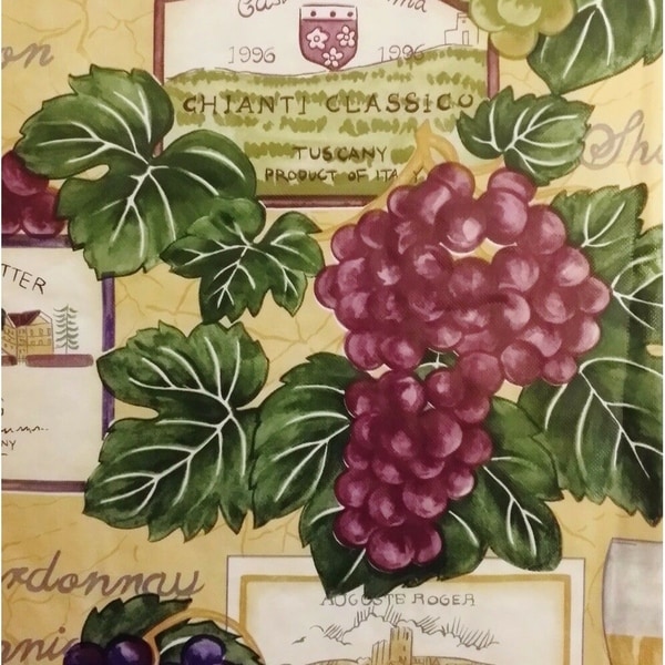 Tuscan Themed Vinyl Flannel Back Round Tablecloth 60" Wine and Grapes