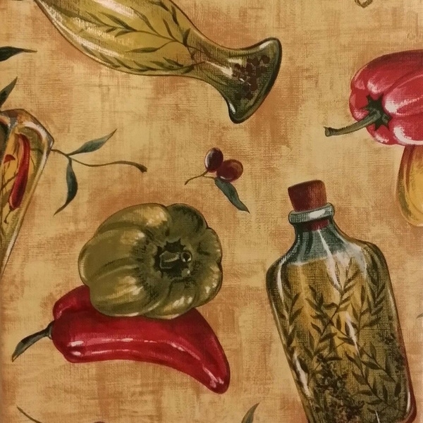 Tuscan Themed Vinyl Flannel Back Oblong Tablecloth 50" x 90" Tomatoes, Peppers, Herbs