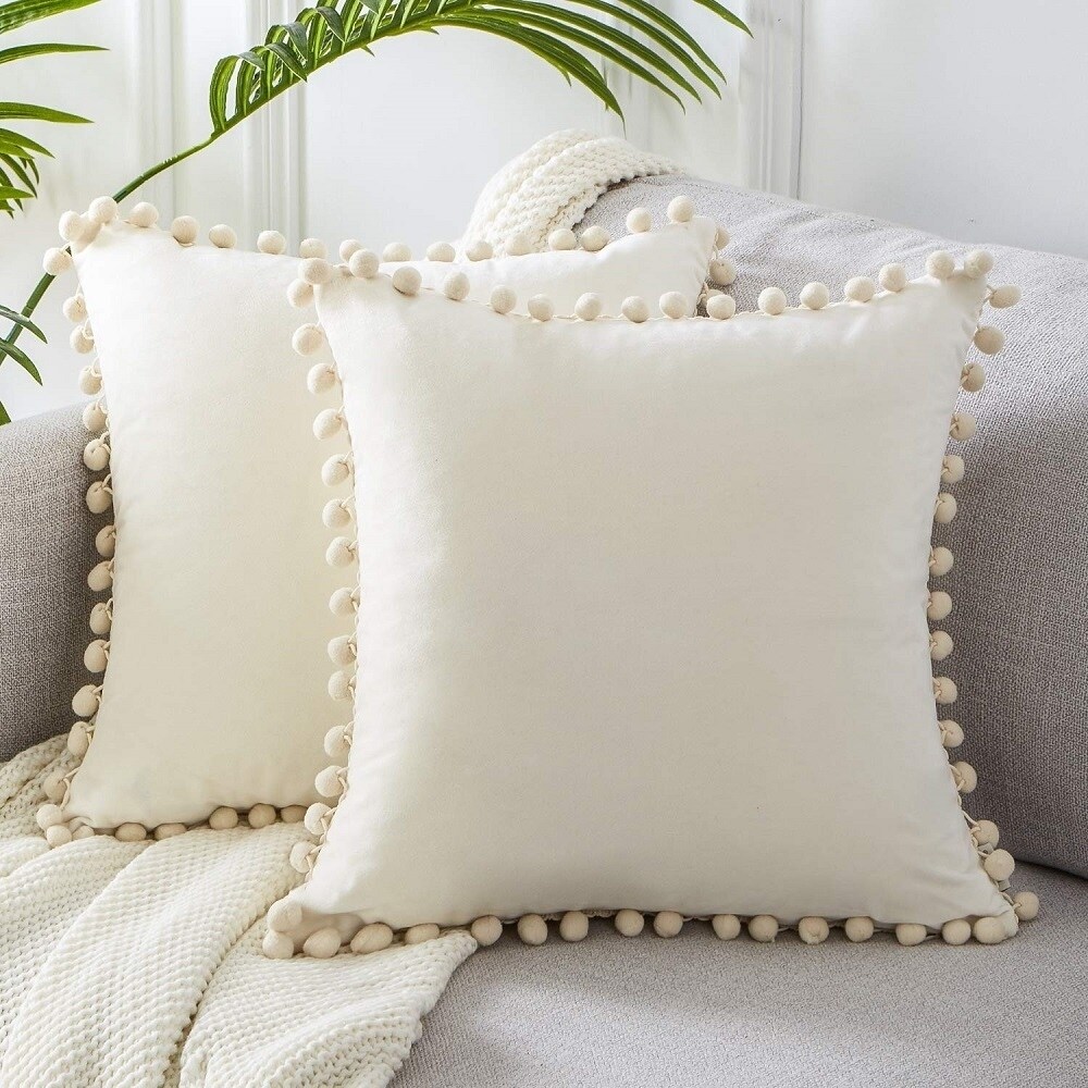 Velvet Solid with Pom Poms Throw Pillow Velvet Solid with Pom Poms Throw Pillow