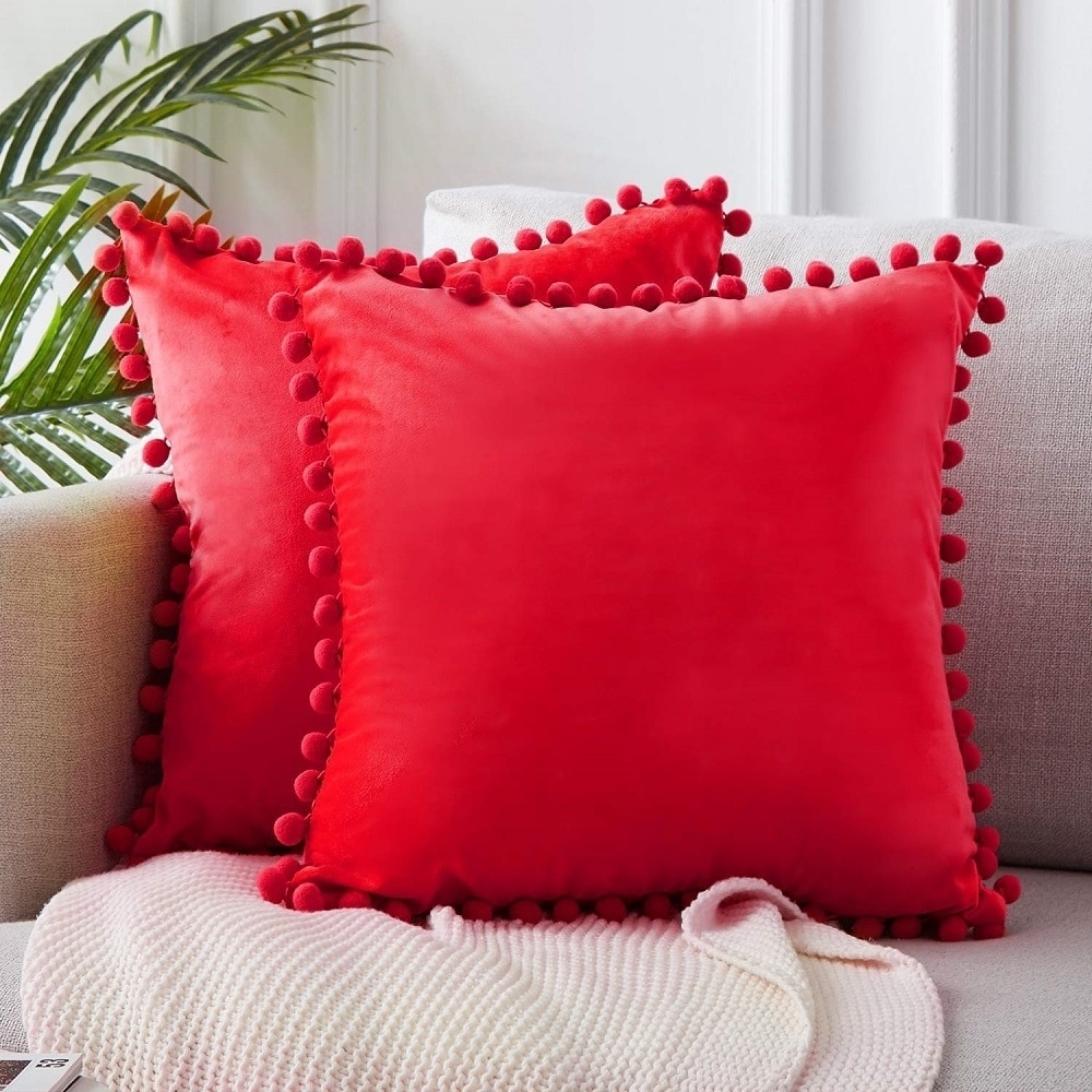 Velvet Solid with Pom Poms Throw Pillow Velvet Solid with Pom Poms Throw Pillow