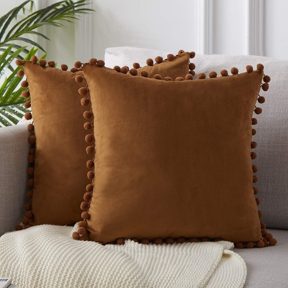 Velvet Solid with Pom Poms Throw Pillow Velvet Solid with Pom Poms Throw Pillow