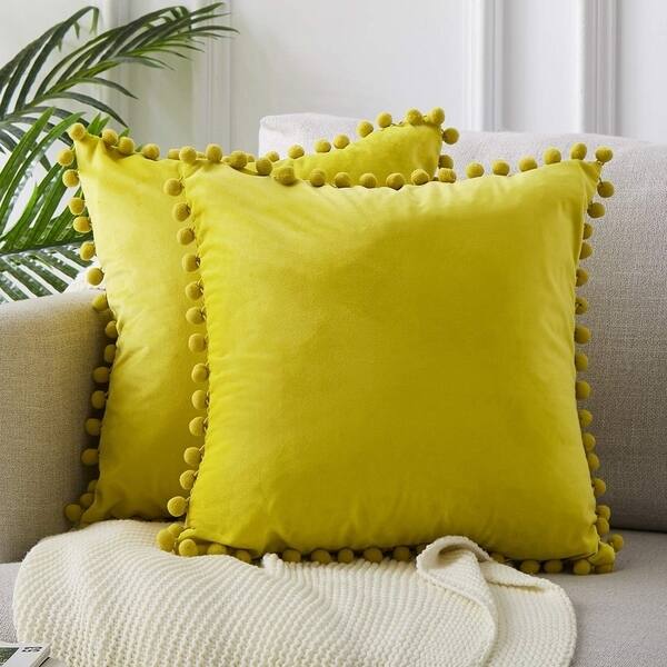 Pack of 2 Velvet Solid Pom Poms Pillow Case Lemon Yellow 22