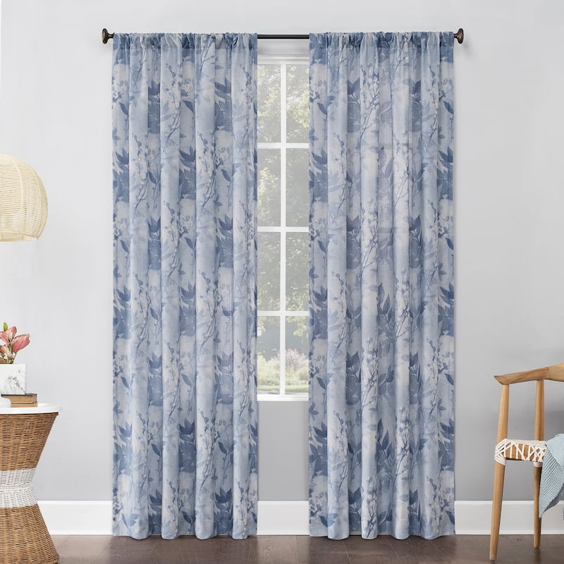 No. 918 Hilary Watercolor Floral Linen Blend Semi-Sheer Rod Pocket Curtain Panel, Single Panel - 54 x 63 - Blue