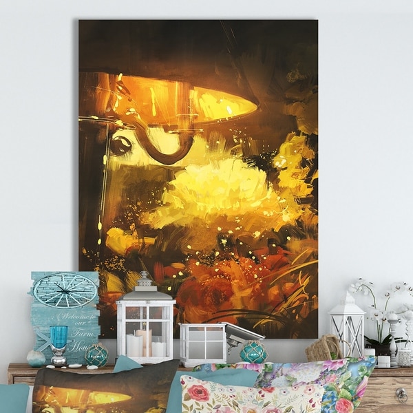 Designart 'Flowers and lamp glowing orange' Cottage Canvas Wall Art