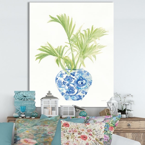 Designart 'Palm Chinoiserie White II' Cottage Canvas Wall Art