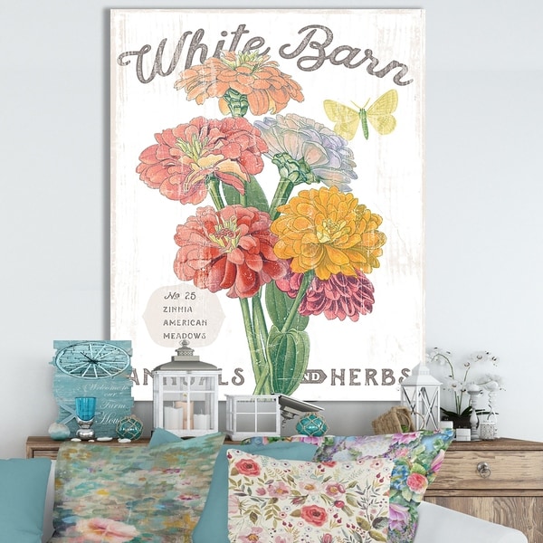 Designart ' White Barn Flowers V' Cottage Canvas Wall Art