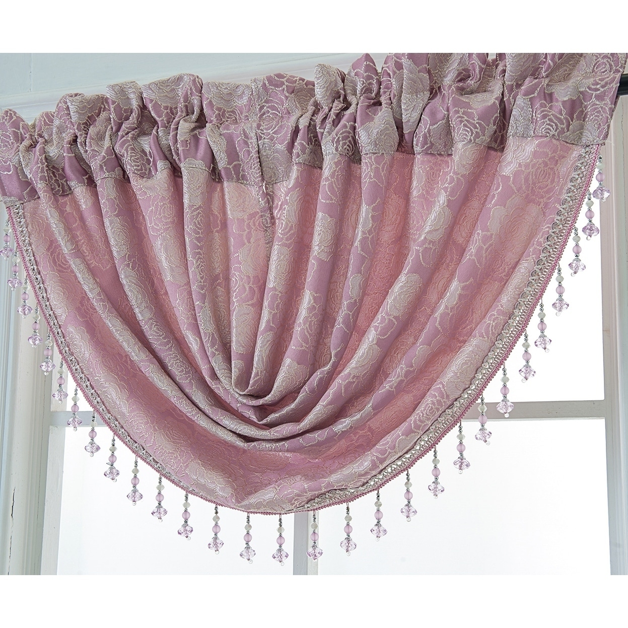 New~Lovely LEILA Matelasse 52/"x144/" Beaded Scarf Window Valance~Mauve//Taupe