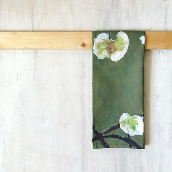 Handmade White Flowers on Green Tea Towel (United Kingdom)