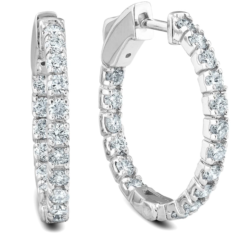 1.07Ct Diamond Inside Outside Hoops Womens Earrings 14k White Gold 1"Tall