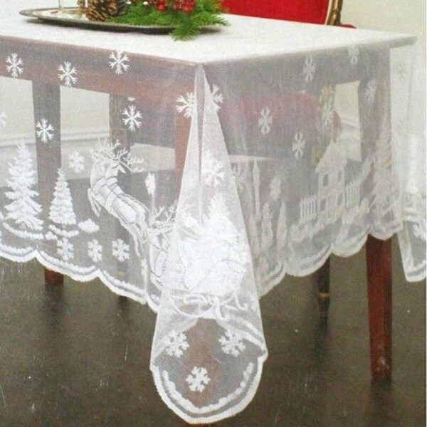 White Lace Snowflake Elk Christmas Table Cloth 60" x 102"