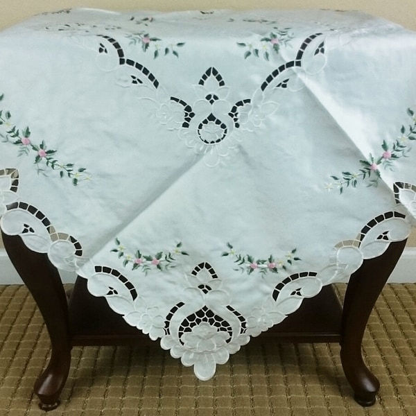 Embroidered Handmade Rosebud Cutwork Square Tablecloth 36" x 36"