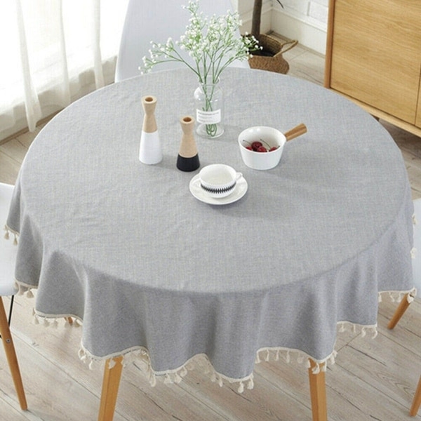 Simple Cotton Tassel Round Tablecloth 60" Light Grey