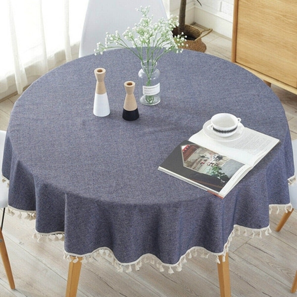 Simple Cotton Tassel Round Tablecloth 60" Navy Blue