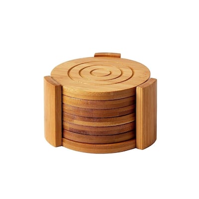 6-Pack Set Bamboo Wooden Coaster with Holder, Round Cup Coasters, Tan, 4.3"