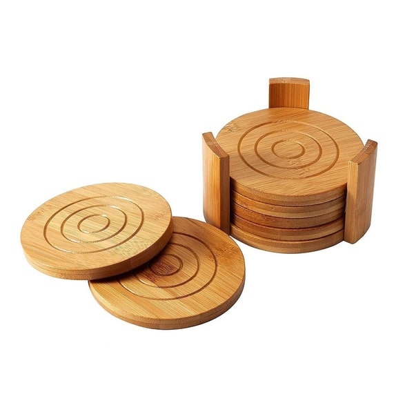 Savon Round Wooden White Coaster Set of 6 with Stand Rustic