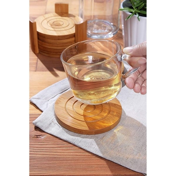 6-Pack Bamboo Wooden with Holder, Round Cup Coasters, Tan, 4.3" - On Sale - -