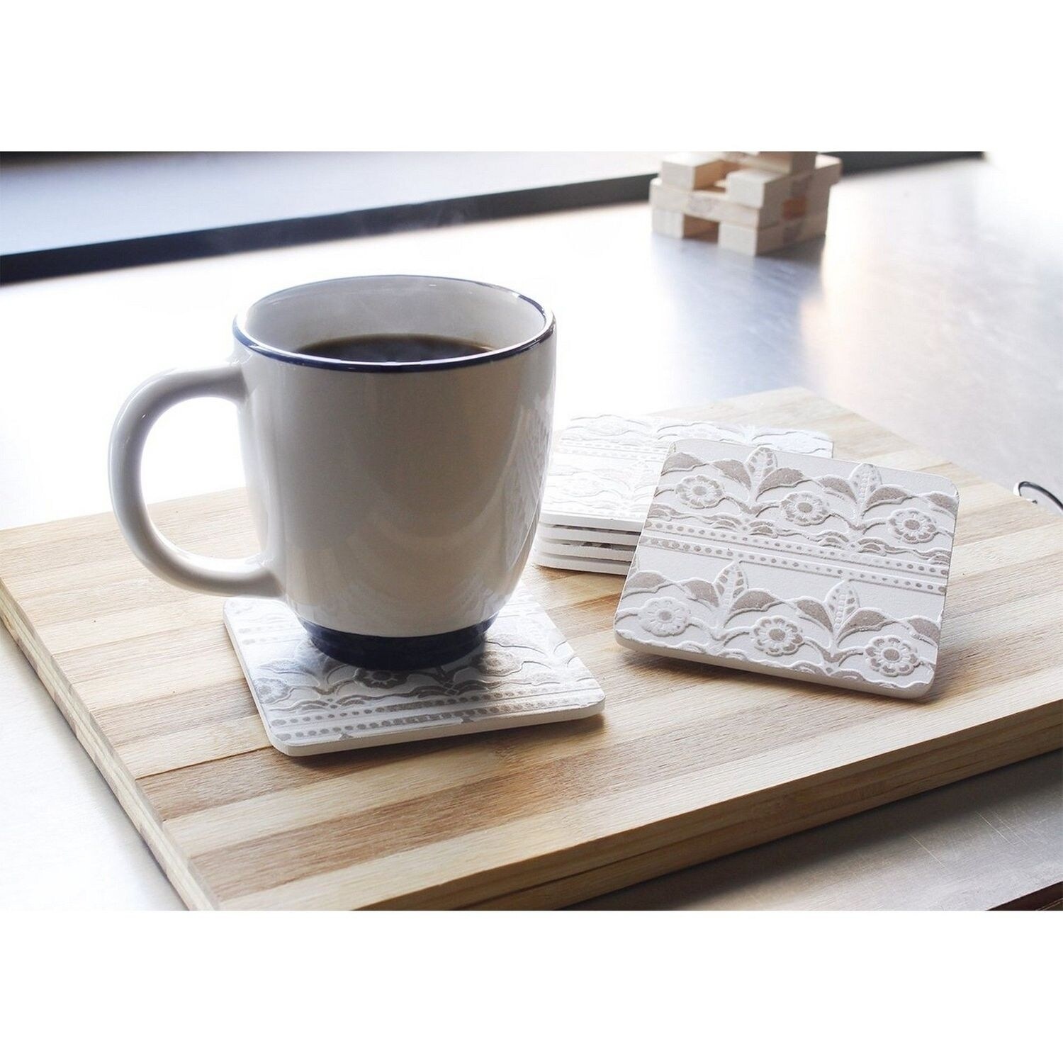 Set of 6 Wooden White Coasters with Holder for Drinks, Coffee