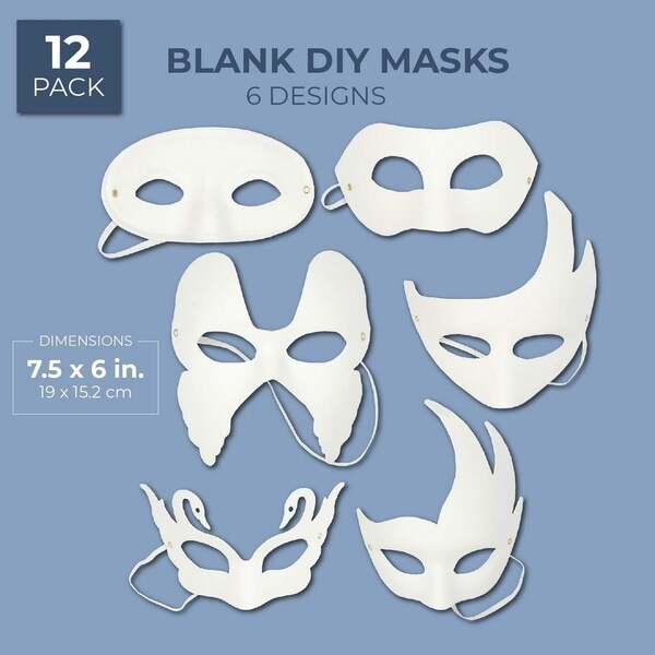6 Designs 12-Pack White Half Face Mask for Halloween Costume Party DIY Mask