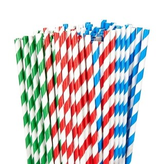 150 Pack Paper Straws, for Christmas Party, Red Blue and Green Striped ...