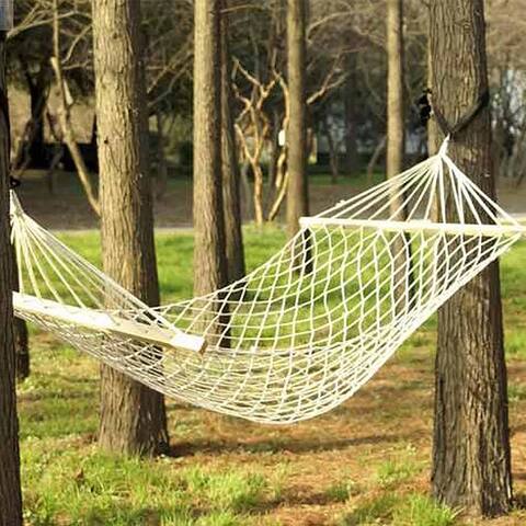 Woven Cotton Rope Hammock w/ Wood Spreader - White - N/A