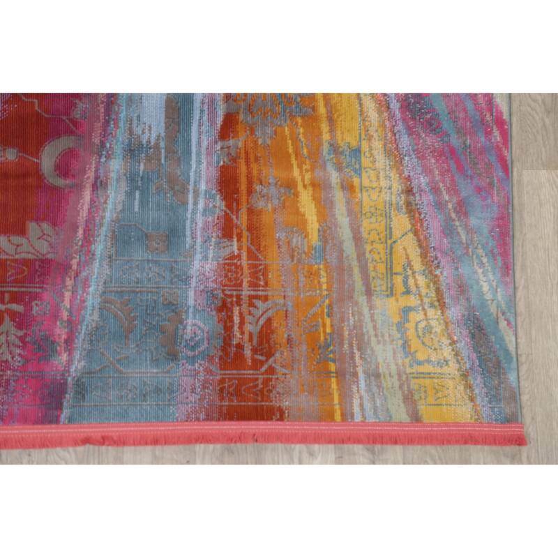 Abstract Multi-Color Vintage Style Distressed Heat-Set Area Rugs