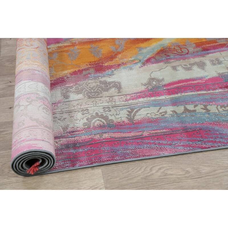 Abstract Multi-Color Vintage Style Distressed Heat-Set Area Rugs