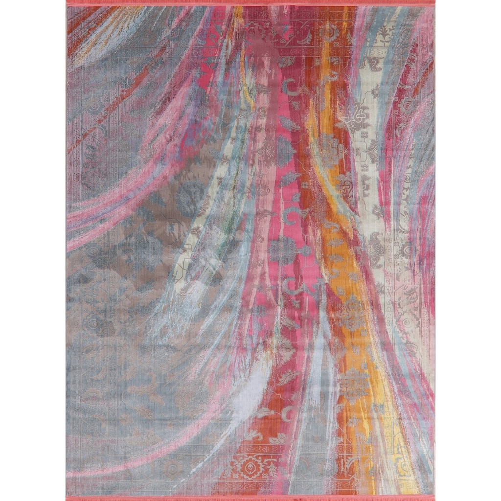 Abstract Multi-Color Vintage Style Distressed Heat-Set Area Rugs