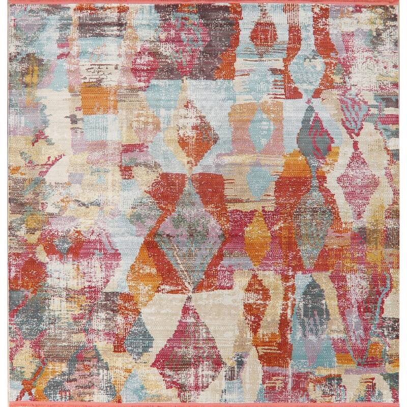 Abstract Vintage Style Distressed Area Rugs Multi-Color Heat-Set - 10'0" x 10'0" Square