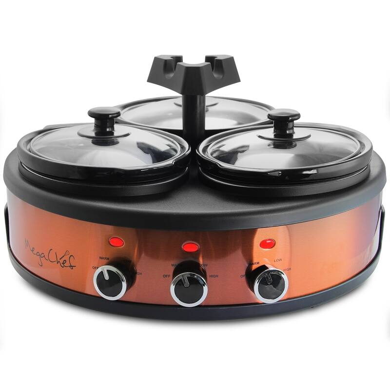 Round Triple 1.5 Qt Slow Cooker Server in Copper with 3 Ceramic Pots