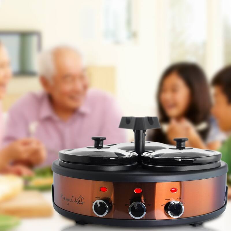 Round Triple 1.5 Qt Slow Cooker Server in Copper with 3 Ceramic Pots