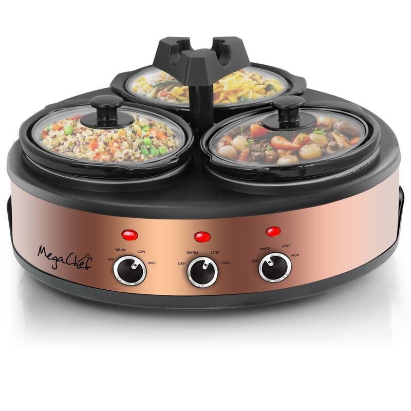 Round Triple 1.5 Qt Slow Cooker Server in Copper with 3 Ceramic Pots