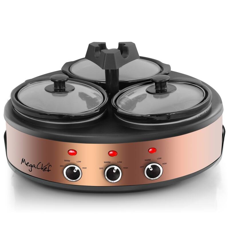 Round Triple 1.5 Qt Slow Cooker Server in Copper with 3 Ceramic Pots - Variable Temperature Control - Stoneware - 1-2 Quarts