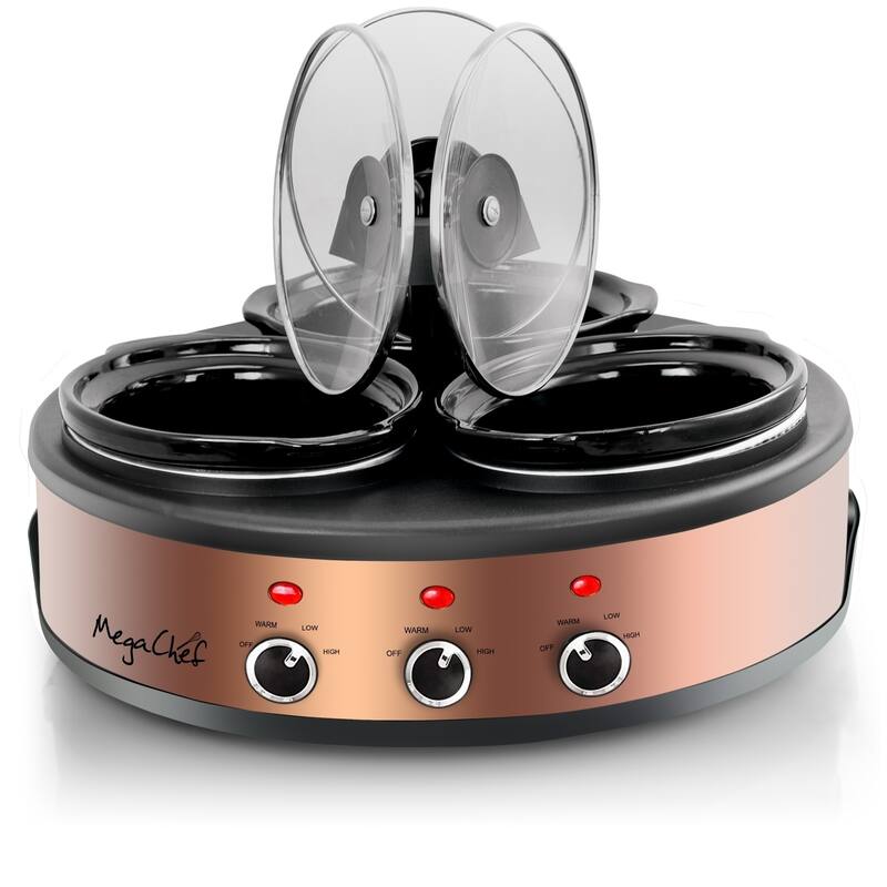 Round Triple 1.5 Qt Slow Cooker Server in Copper with 3 Ceramic Pots