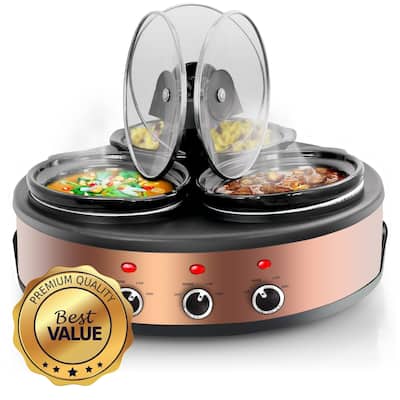 Round Triple 1.5 Qt Slow Cooker Server in Copper with 3 Ceramic Pots