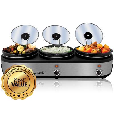 Triple 2.5 Qt Slow Cooker Server in Brushed Silver with Ceramic Pots